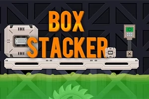 Nagy narancs betűkkel kiírt Box Stacker szöveg, mellette egy futószalag, zöld folyadék és fogaskerék