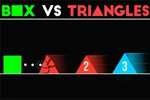 Zöld négyzet és piros, illetve kék háromszögek fekete háttéren, a szöveg Box vs Triangles