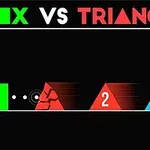 Zöld négyzet és piros, illetve kék háromszögek fekete háttéren, a szöveg Box vs Triangles