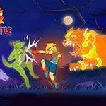 Egy rajzfilmszerű jelenet, amelyben egy szőke hajú karakter árnyékos lénnyel küzd egy sötét erdőben, háttérben a teliholddal és egy narancssárga oroszlánnal