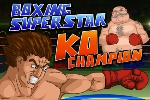 Két rajzolt bokszoló karakter vörös kesztyűkkel és a Boxing Superstar KO Champion felirat
