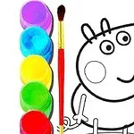 Egy kifestő lap Peppa malacról fekete-fehér színben, mellette élénk színű festék tálkák és egy ecset