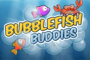Egy világoskék háttér előtt buborékokkal körülvett Bubblefish Buddies felirat, melyet egy rózsaszín hal, egy piros rák és egy narancssárga hal vesz körül