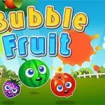 Gyümölcsökkel díszített vidám kert háttérben a Bubble Fruit felirattal