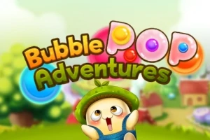 Aranyos karakter van előtérben, aki zöld kalapot visel, a háttérben színes buborékok és homályos táj látható, fölöttük a Bubble Pop Adventures szöveg