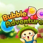 Aranyos karakter van előtérben, aki zöld kalapot visel, a háttérben színes buborékok és homályos táj látható, fölöttük a Bubble Pop Adventures szöveg