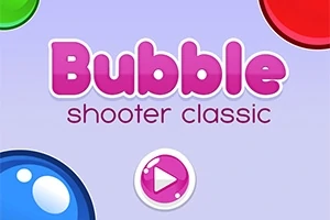 Rózsaszín Bubble shooter classic felirat egy lila háttéren, színes buborékokkal és egy lejátszás gombbal