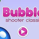 Rózsaszín Bubble shooter classic felirat egy lila háttéren, színes buborékokkal és egy lejátszás gombbal