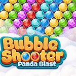 Színes buborékok és mosolygós panda egy piros esernyővel, Bubble Shooter Panda Blast felirattal