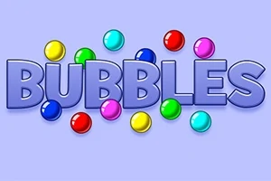 Színes gömbök veszik körül a BUBBLES feliratot kék háttér előtt
