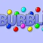 Színes gömbök veszik körül a BUBBLES feliratot kék háttér előtt