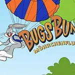 Bugs Bunny ejtőernyőzik kék-narancssárga ernyővel, körülötte fák és kék ég