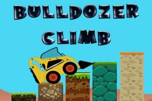 Sárga buldózer halad felfelé különböző magasságú és textúrájú oszlopokon kék háttér előtt, a tetején a Bulldozer Climb felirat látható