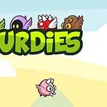 Tarka, rajzfilmszerű szörnyek és a BURDIES felirat egy világos, felhős háttér előtt