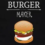Egy ízletes burger összetevőivel rétegezett hamburger ábrázolása fekete háttér előtt, Burger Maker felirattal