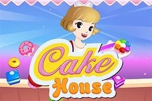 Egy rajzolt lány mosolyog, kezében színes süteményekkel, körülötte cukorkák és sütemények láthatók, középen a Cake House felirat