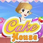 Egy rajzolt lány mosolyog, kezében színes süteményekkel, körülötte cukorkák és sütemények láthatók, középen a Cake House felirat