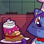Egy kék macska, szakácskalapban és piros csokornyakkendőben, egy tortaszeletet tart egy tányéron, krémes és gyümölcsös díszítéssel