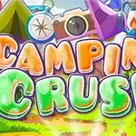 Színes, rajzfilm stílusú grafika Camping Crush felirattal, sátrak, fák és kempingfelszerelések környezetében