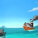 Egy kis piros hajó úszik a tengeren, miközben egy vízi akna látható a felszínen