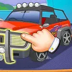 Piros autó tuningolása vastag fényszórókkal és króm hűtőrácsot érintő kéz