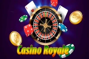 Rulettkerék színes zsetonokkal, kártyalapokkal és dobókockával, valamint arany érmékkel, Casino Royale felirattal
