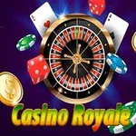 Rulettkerék színes zsetonokkal, kártyalapokkal és dobókockával, valamint arany érmékkel, Casino Royale felirattal