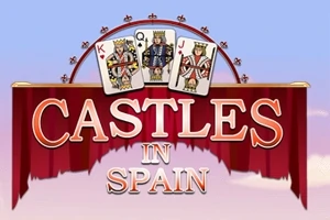 Három kártyalap (király, királynő, bubi) piros háttérrel és CASTLES IN SPAIN felirattal