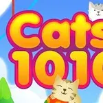 Két macska és a Cats 1010 felirat színes, felhős háttérrel