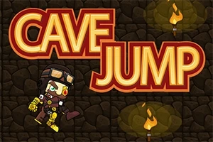 Rajzolt figura ugrik egy sötét barlang falainál, háttérben lámpásokkal, nagy Cave Jump felirattal