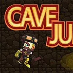 Rajzolt figura ugrik egy sötét barlang falainál, háttérben lámpásokkal, nagy Cave Jump felirattal