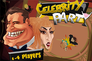 Két karikatúraszerű figura vidám arckifejezéssel, háttérben egy bulit ábrázoló grafika, Celebrity Party felirattal