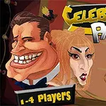 Két karikatúraszerű figura vidám arckifejezéssel, háttérben egy bulit ábrázoló grafika, Celebrity Party felirattal