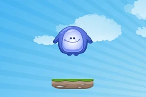 Kék háttér előtt egy felhő alakú, mosolygós lila figura lebeg egy zöld szélű platform felett