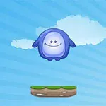 Kék háttér előtt egy felhő alakú, mosolygós lila figura lebeg egy zöld szélű platform felett