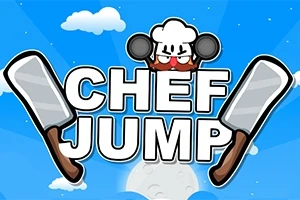 Rajzfilm stílusú szakács egy fehér sapkában, két nagy húsvágó bárddal a Chef Jump felirat előtt, kék ég és felhők háttérrel