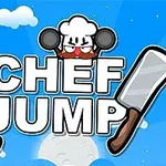 Rajzfilm stílusú szakács egy fehér sapkában, két nagy húsvágó bárddal a Chef Jump felirat előtt, kék ég és felhők háttérrel