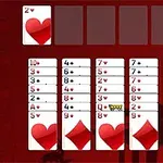 Kártyalapok piros háttér előtt sorokba rendezve, köztük szívek és kárók láthatók