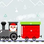 Rajzolt vonat rénszarvas-os karáccsonyi figurával, hegyes háttér előtt, piros rakománnyal