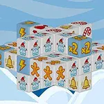 Kockákból álló, háromdimenziós formáció, amelyen különböző karácsonyi szimbólumok, mint hóemberek, mézeskalács figurák, harangok és villámok láthatók, hópelyhes háttér előtt