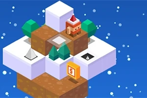 Egy kockás platform havas tájjal, kis fenyőfákkal és egy mikulássapkás figurával