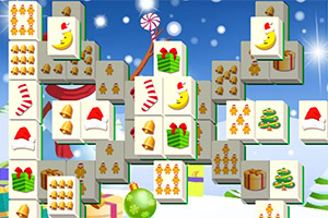 Karácsonyi témájú mahjong csempék színes háttérrel és ünnepi szimbólumokkal, mint például ajándékok, harangok, és mézeskalács figurák