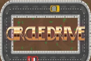 Fent nézetű, kék égboltú versenypálya két autóval, középen nagy, aranyszínű Circle Drive felirattal