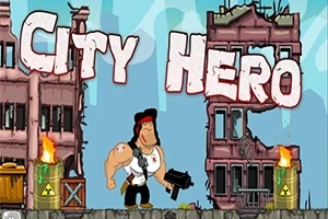 Izmos férfi fegyverrel egy romos városban, háttérben City Hero felirat