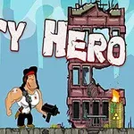 Izmos férfi fegyverrel egy romos városban, háttérben City Hero felirat