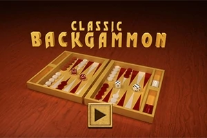 Egy megnyitott backgammon tábla látható piros és fehér bábukkal, két dobókockával és egy játékgombbal a közepén