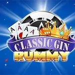 Kék háttér előtt négy ász kártya, egy korona, és a Classic Gin Rummy felirat látható sugárzó fényekkel