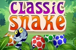Színes Classic Snake felirat, alatta egy csíkos kígyó mosolyog, körülötte mintás tojások és zöld levelek