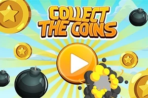 Aranyérmékkel és bombákkal díszített, kék háttéren elhelyezett Collect the Coins felirat középen egy lejátszás gombbal