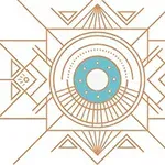 Geometriai mintázat, amelynek középpontjában egy türkizkék kör található, arany vonalakkal körülvéve